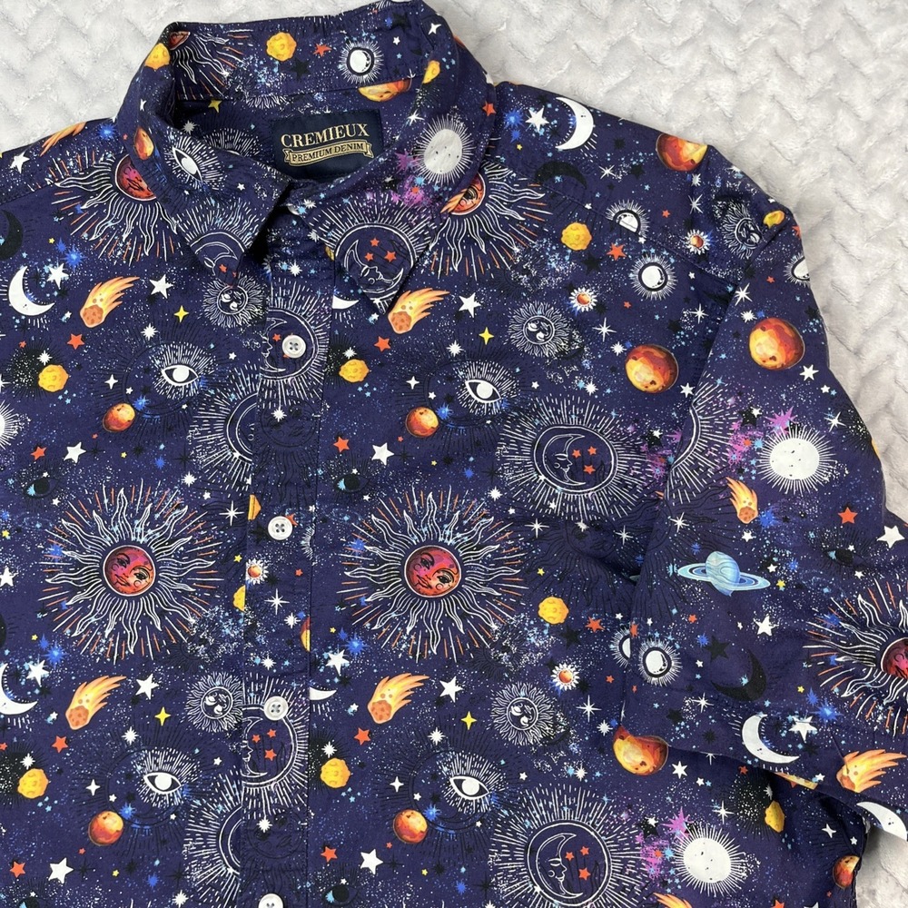 Cremieux Shirt Mens L Blue Whimsigoth Celestial Short Slv Button Camp Sun Moon